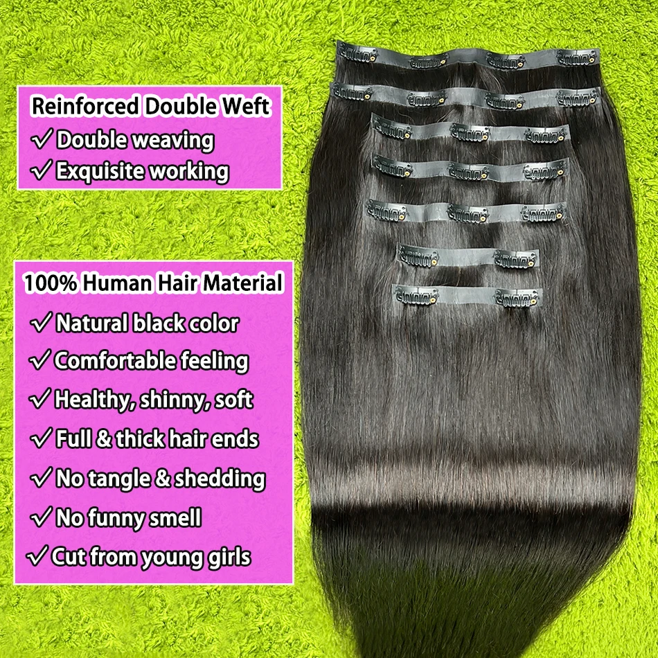 Straight Clip Ins Extensions 100% Human Hair 200 Grams/7Pcs/Bundle #1B Natural Black Color 18-24 Inch Full PU Weft Clips Hair