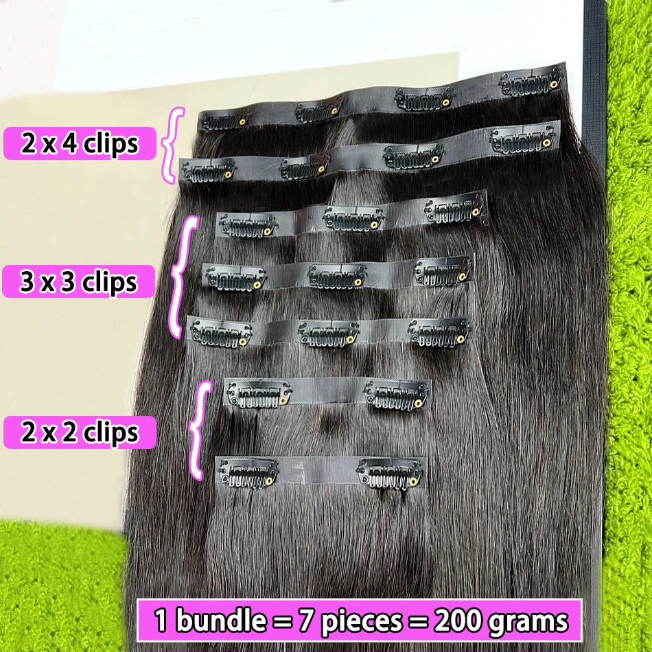 Straight Clip Ins Extensions 100% Human Hair 200 Grams/7Pcs/Bundle #1B Natural Black Color 18-24 Inch Full PU Weft Clips Hair