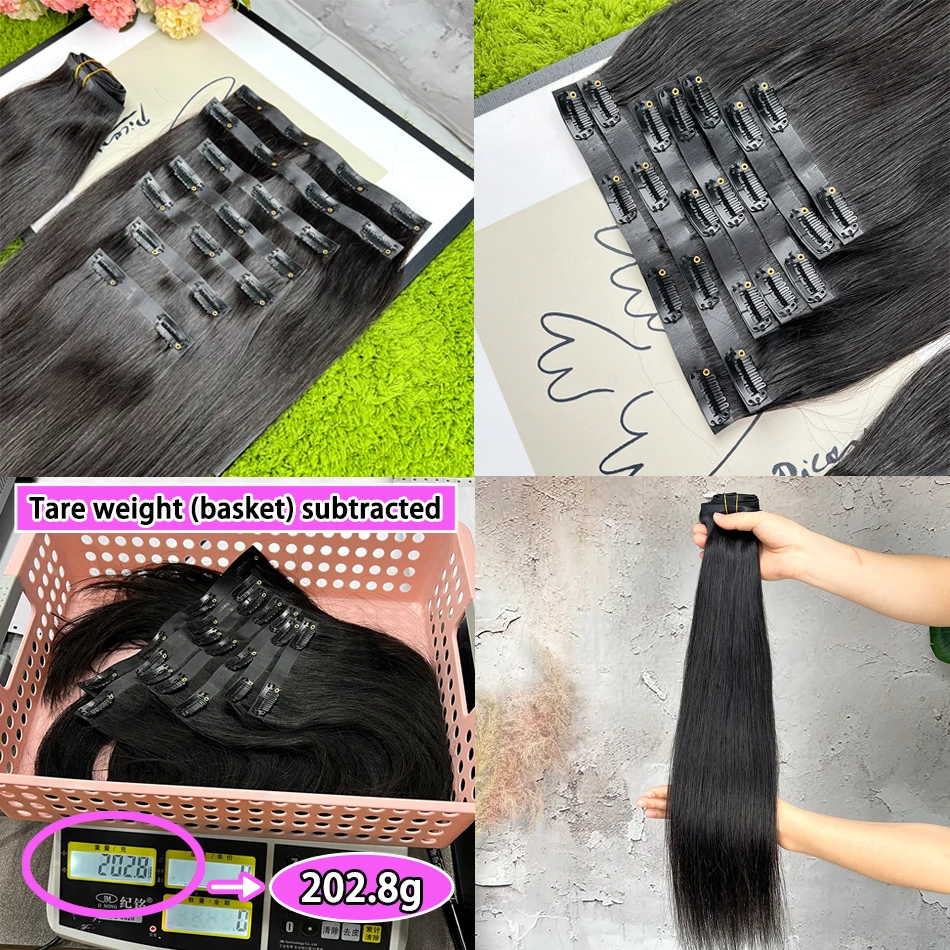 Straight Clip Ins Extensions 100% Human Hair 200 Grams/7Pcs/Bundle #1B Natural Black Color 18-24 Inch Full PU Weft Clips Hair