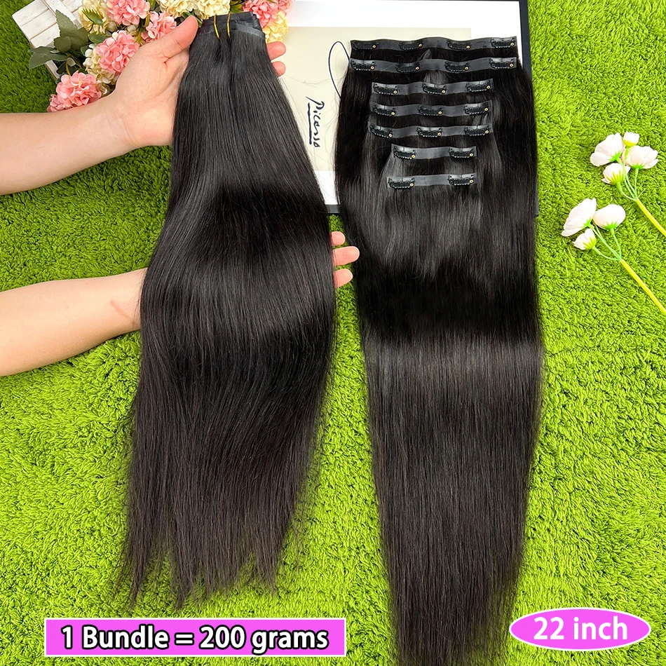 Straight Clip Ins Extensions 100% Human Hair 200 Grams/7Pcs/Bundle #1B Natural Black Color 18-24 Inch Full PU Weft Clips Hair