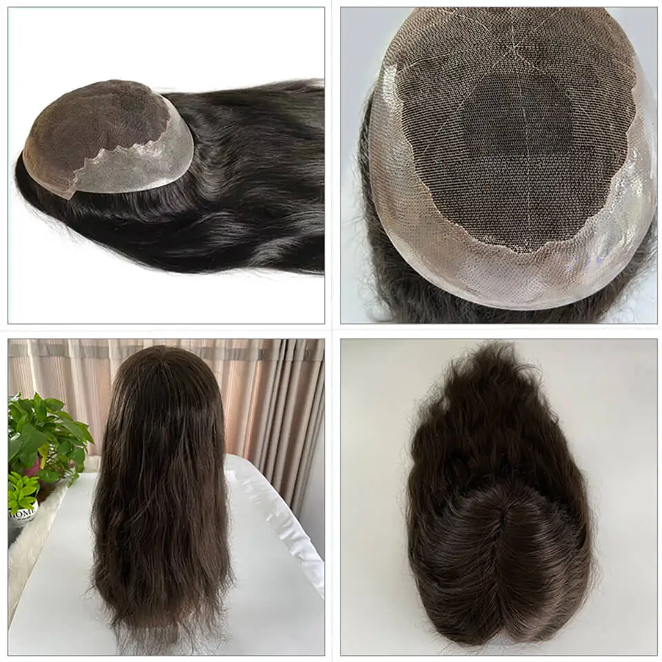 Q6 Swiss Lace Topper 16" Long Human Hair Topper With Natural Hairline 7x9 Breathable Lace And Pu Straight Hair Toppers For Women
