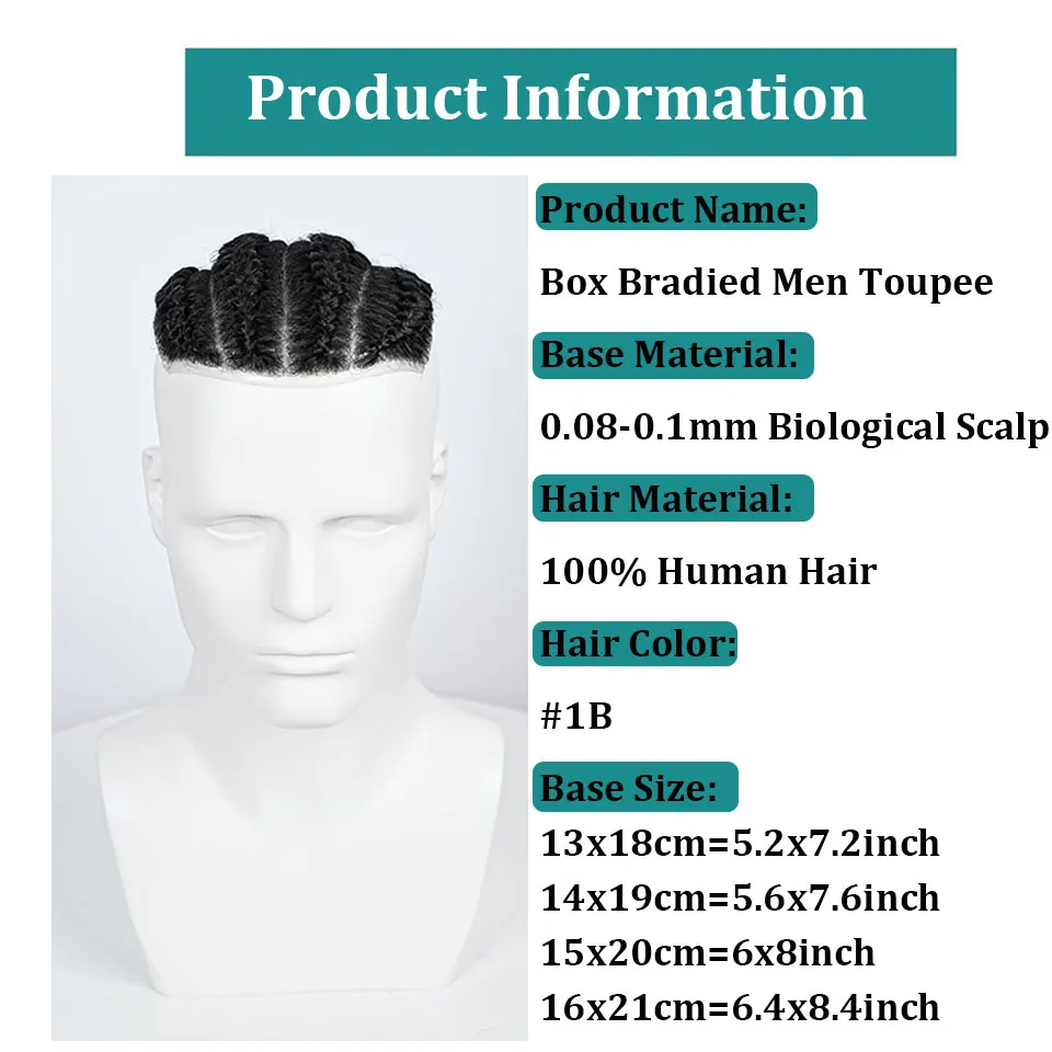 Cornrow Box Braided Men Toupee Human Hair Skin Full PU Hairpiece Breathable Replacement Hair System Prosthesis For Men Patch Wig