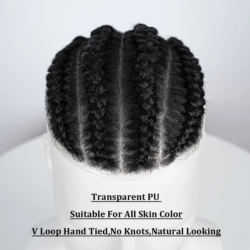 Cornrow Box Braided Men Toupee Human Hair Skin Full PU Hairpiece Breathable Replacement Hair System Prosthesis For Men Patch Wig