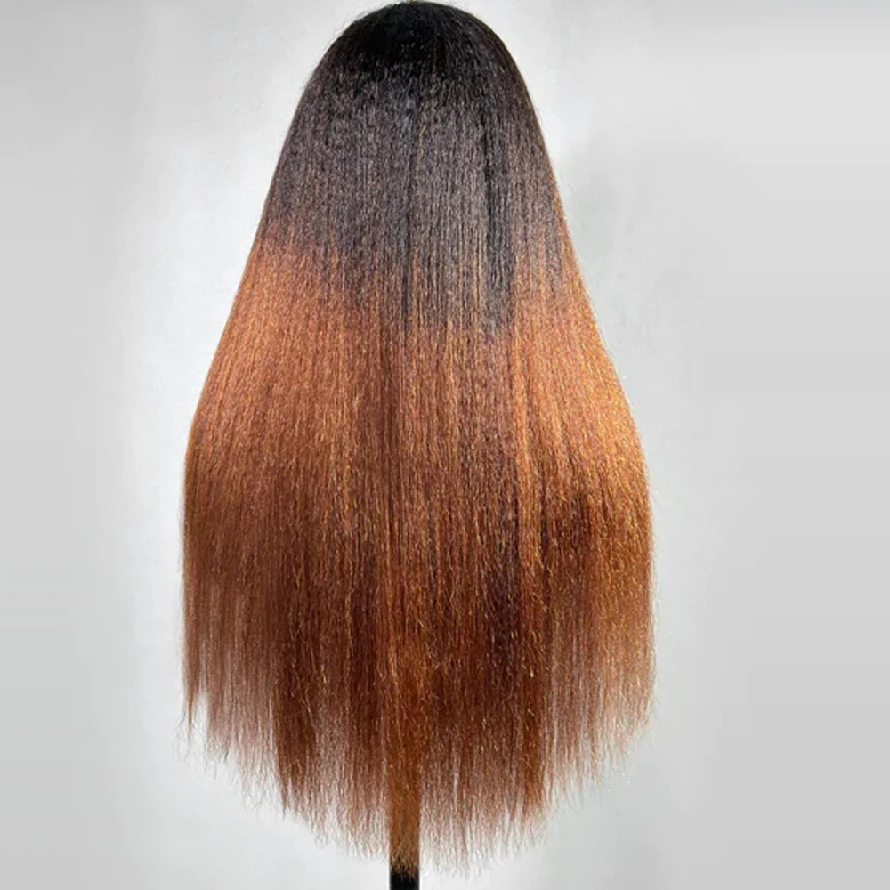 26” Long 180Density Soft Preplucked Ombre Brown Kinky Straight Yaki Lace Front Wig For Women Baby Hair Natural Hairline Glueless