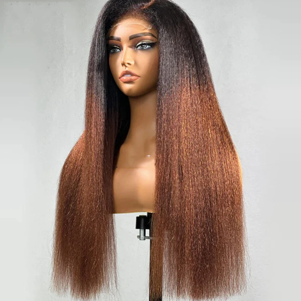26” Long 180Density Soft Preplucked Ombre Brown Kinky Straight Yaki Lace Front Wig For Women Baby Hair Natural Hairline Glueless