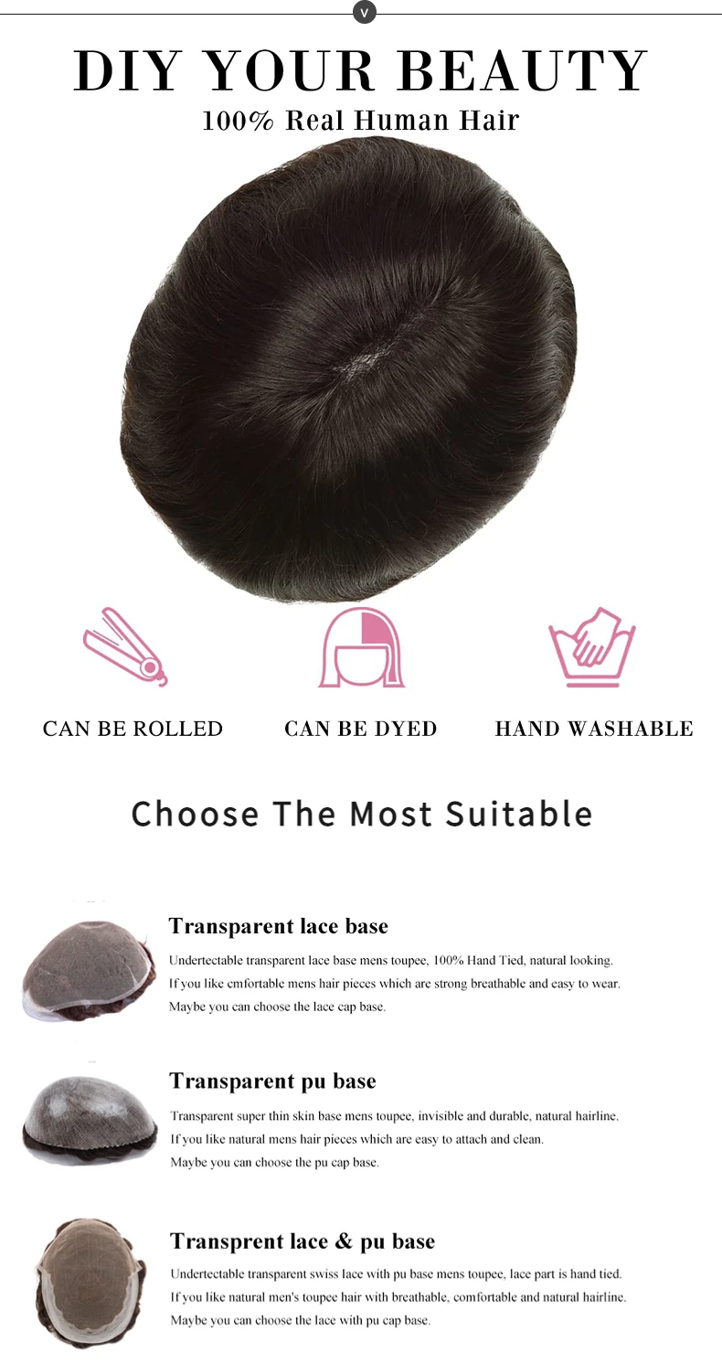 100% Human Hair Thin Skin Base Male Hair Prosthesis Replacement Men Toupee Breathable Real Hair Wigs Straight Toppers for Men