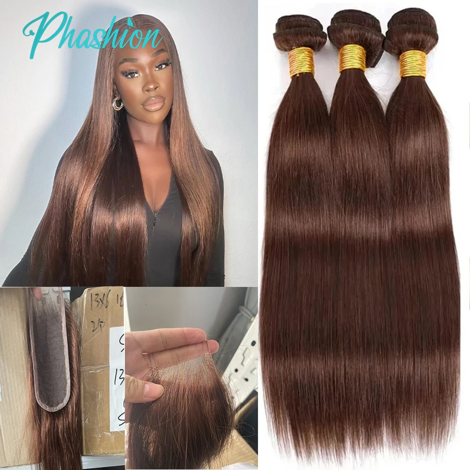 Phashion #4 Chocolate Brown Straight Bundles Weave With 2x6 Lace Closure Human Hair Colored 100% Remy Brazilian Hair Extensions