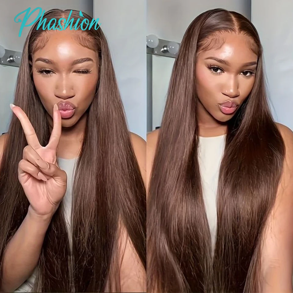 Phashion #4 Chocolate Brown Straight Bundles Weave With 2x6 Lace Closure Human Hair Colored 100% Remy Brazilian Hair Extensions
