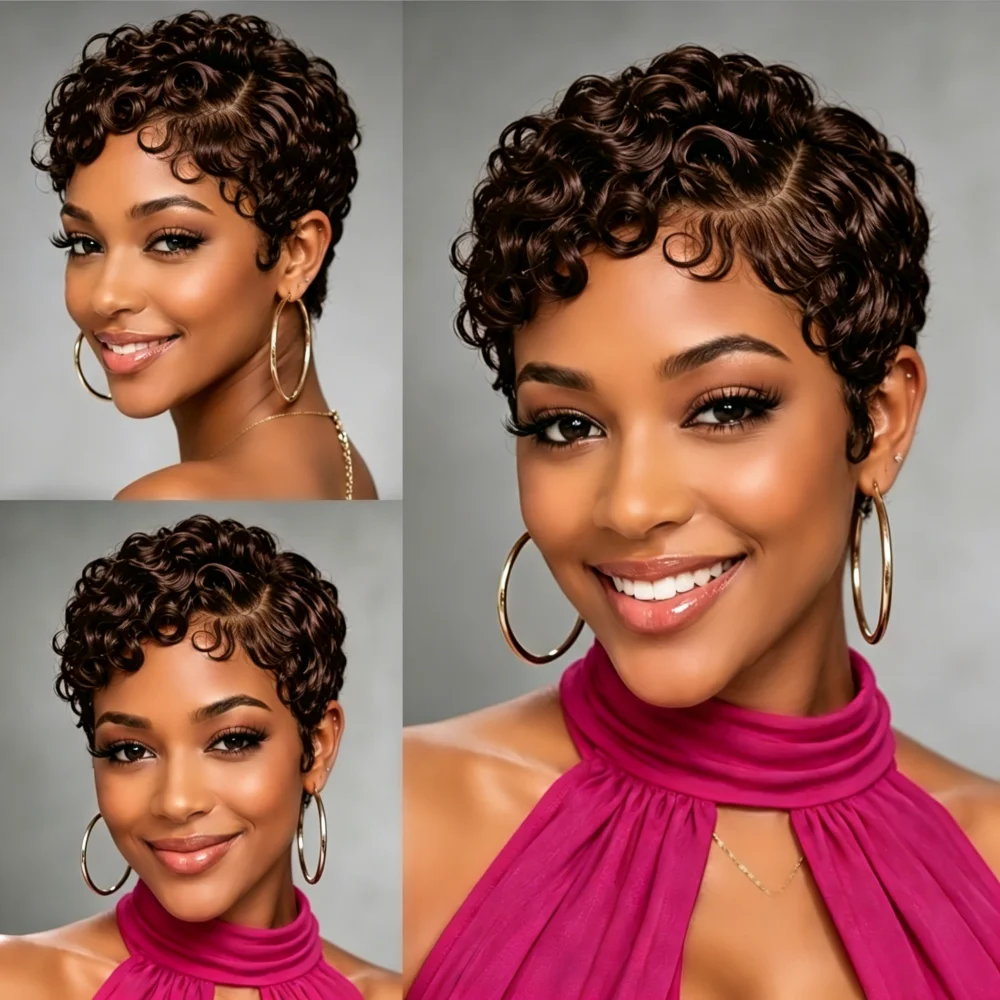 13x4 Lace Front Short Curly Human Hair Wig, Tiny Curls Pixie Cut Hair Wigs for African American Women