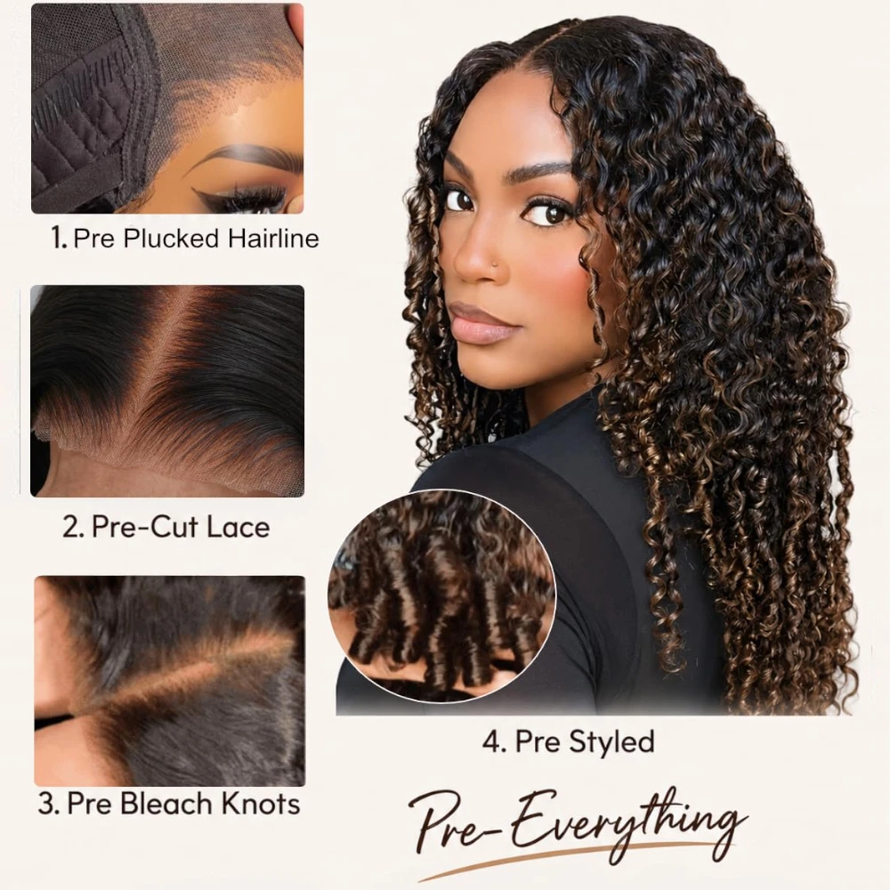 UNice Bye-Bye Slip™ 7x5 Lace Ombre Brown Burmese Curly Wig With Finger Coil Ends Pull & Go Drawstring Glueless Wig Ready To Wear