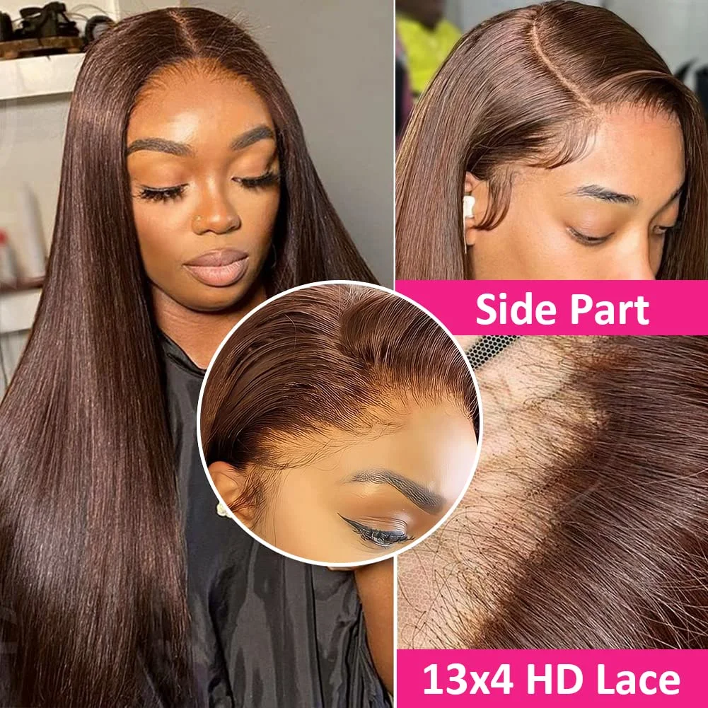 Queenlike Chocolate Brown 4# Color Straight Human Hair Wig 13x4 HD Transparent Lace Front Wig Pre Plucked Natural Hairline Remy Human Hair Wig For Black Women
