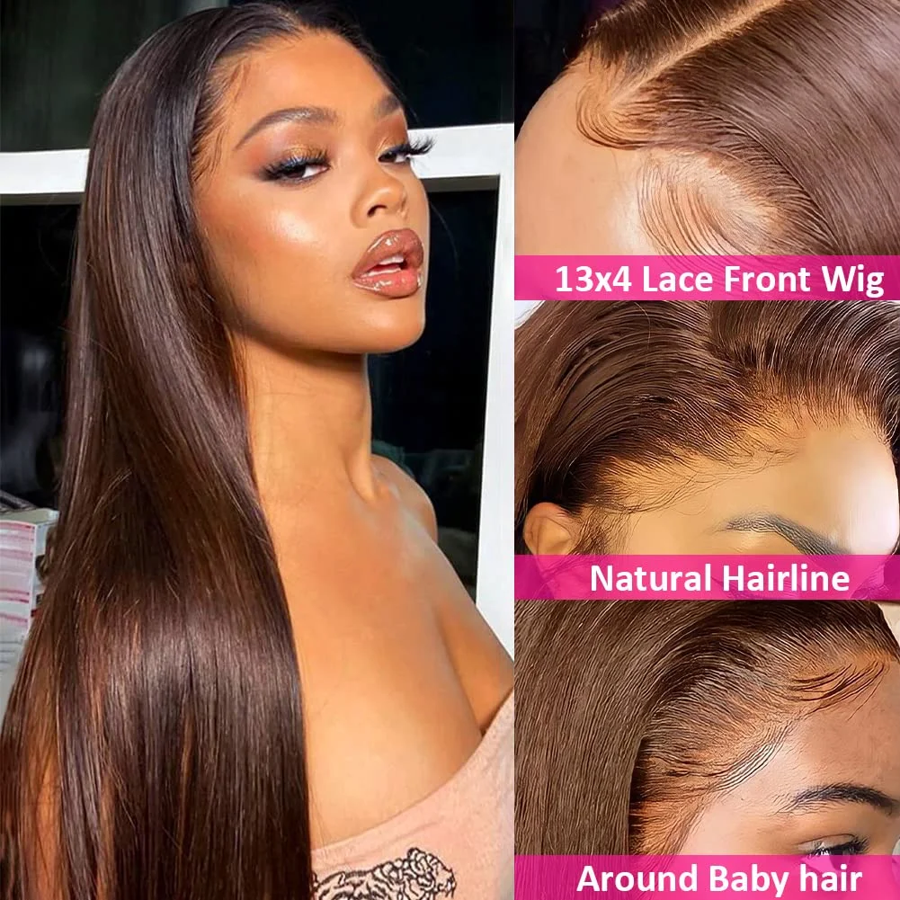 Queenlike Chocolate Brown 4# Color Straight Human Hair Wig 13x4 HD Transparent Lace Front Wig Pre Plucked Natural Hairline Remy Human Hair Wig For Black Women