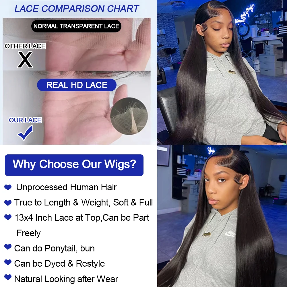 Silky Straight Glueless Wigs Preplucked 13x6 Lace Front Wigs Human Hair Pre Plucked 40 42 Inch Bone Straight Human Hair Wig 300% Density 13x4 HD Lace Frontal Wigs for Women Natural Black Raw Virgin Vietnamese Free Part Invisible Swiss Hd Lace Full Wigs