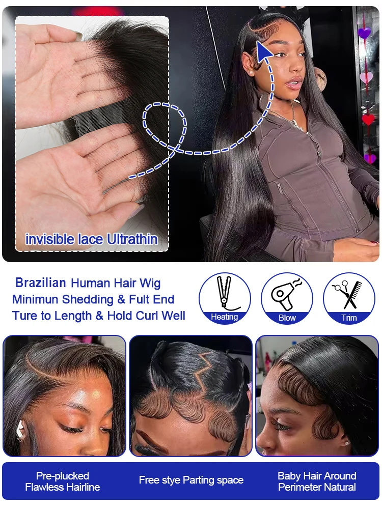 Silky Straight Glueless Wigs Preplucked 13x6 Lace Front Wigs Human Hair Pre Plucked 40 42 Inch Bone Straight Human Hair Wig 300% Density 13x4 HD Lace Frontal Wigs for Women Natural Black Raw Virgin Vietnamese Free Part Invisible Swiss Hd Lace Full Wigs