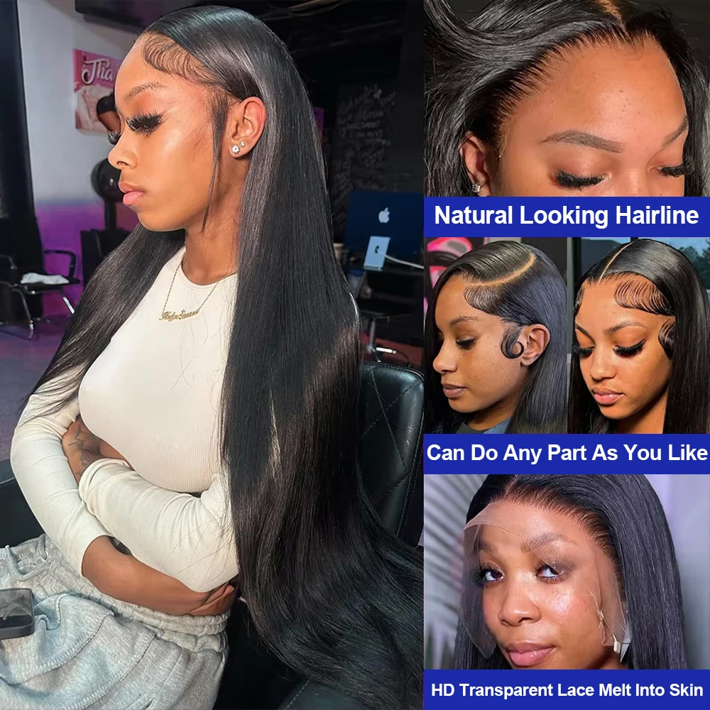 Silky Straight Glueless Wigs Preplucked 13x6 Lace Front Wigs Human Hair Pre Plucked 40 42 Inch Bone Straight Human Hair Wig 300% Density 13x4 HD Lace Frontal Wigs for Women Natural Black Raw Virgin Vietnamese Free Part Invisible Swiss Hd Lace Full Wigs