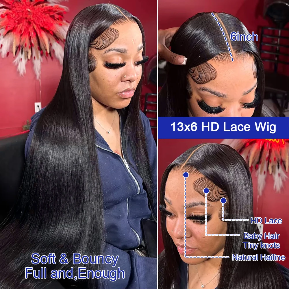 Silky Straight Glueless Wigs Preplucked 13x6 Lace Front Wigs Human Hair Pre Plucked 40 42 Inch Bone Straight Human Hair Wig 300% Density 13x4 HD Lace Frontal Wigs for Women Natural Black Raw Virgin Vietnamese Free Part Invisible Swiss Hd Lace Full Wigs