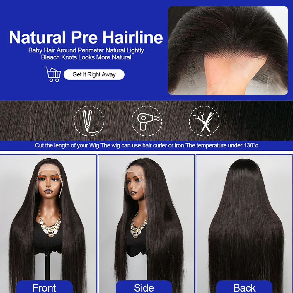 Silky Straight Glueless Wigs Preplucked 13x6 Lace Front Wigs Human Hair Pre Plucked 40 42 Inch Bone Straight Human Hair Wig 300% Density 13x4 HD Lace Frontal Wigs for Women Natural Black Raw Virgin Vietnamese Free Part Invisible Swiss Hd Lace Full Wigs