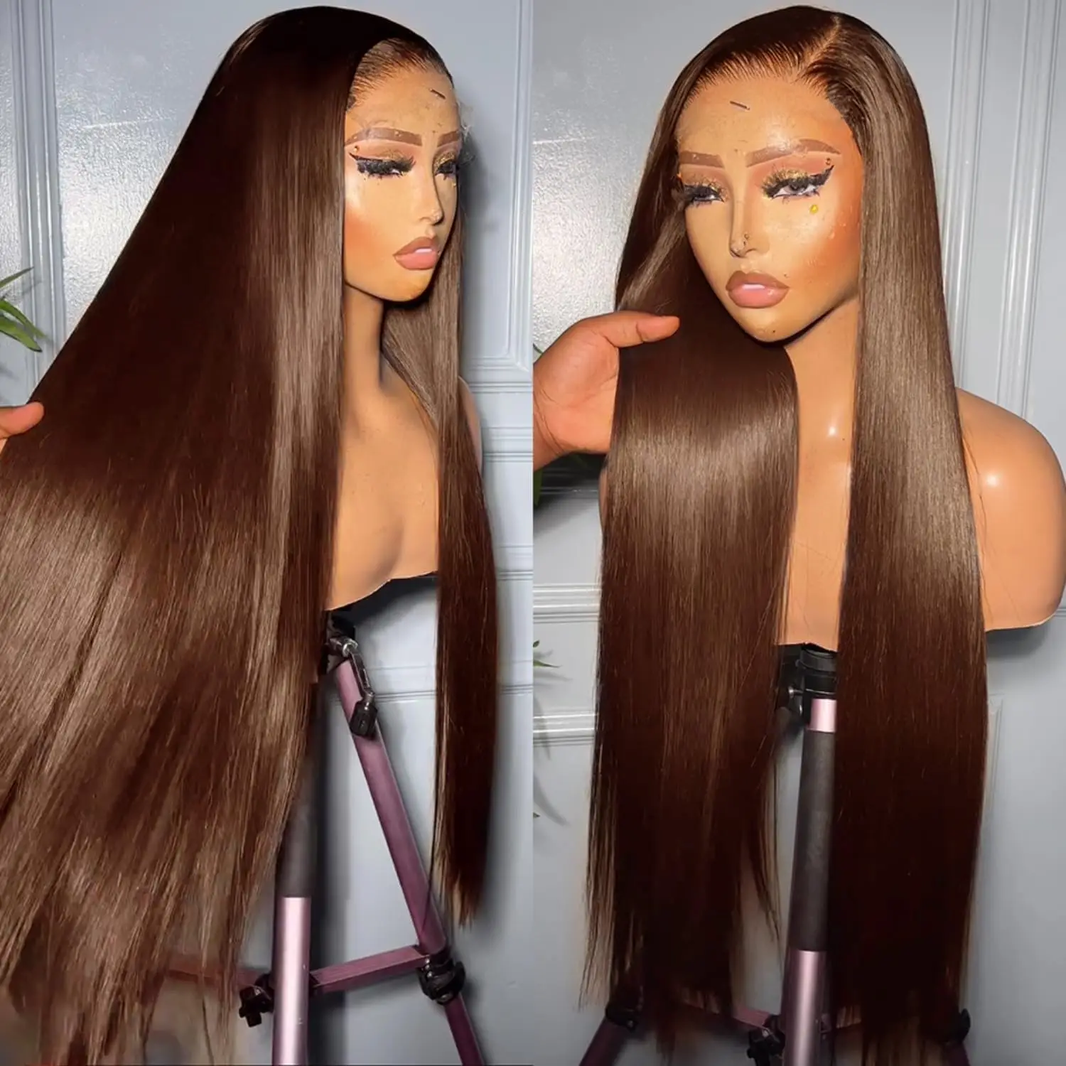 13x4 13x6 HD Chocolate Brown Bone Straight Lace Front Wig 38Inch Lace Frontal Wig Human Hair PrePlucked #4 Color Human Hair Wigs