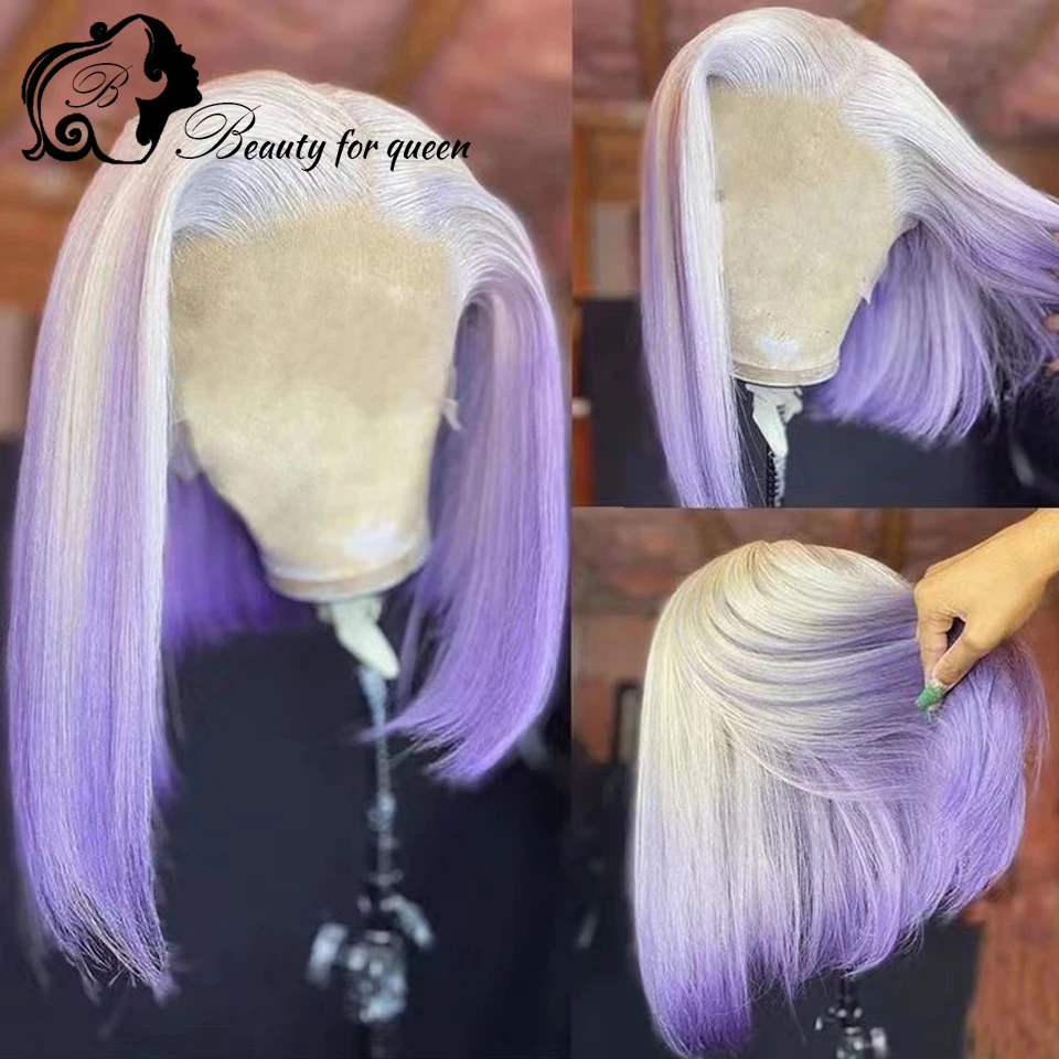 Grey Pink Ombre Colored Short Bob ace Front Human Hair Wigs For Women HD Transparent 13x6 Lace Frontal Wig With Natural Hairline