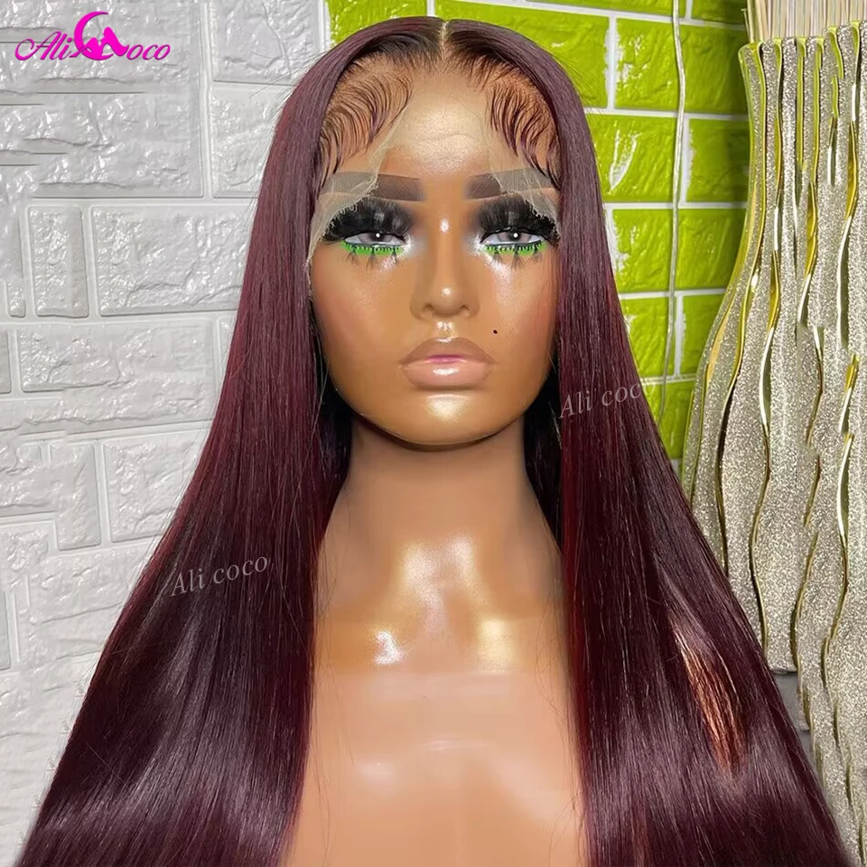Dark Burgundy Colored Straight Human Hair Wigs 13x4 Lace Front Wigs Pre-Plucked Natural Hairline 13x6 Lace Frontal Wig 180