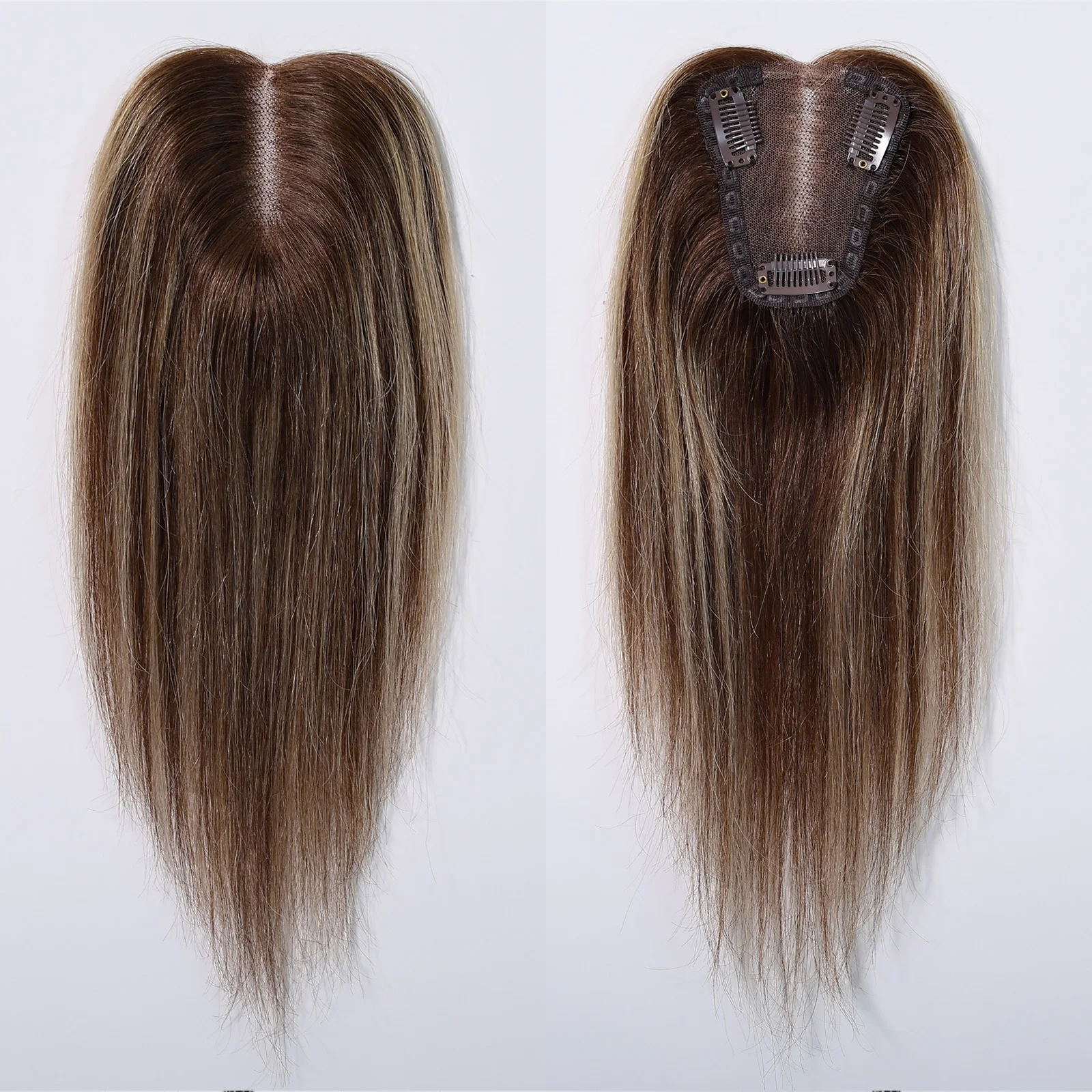 Brown Mixed Blonde Human Hair Toppers Middle Part 100% Remy Human Hair Straight Lace Base Clip in Hairpieces for Women Loss Hair