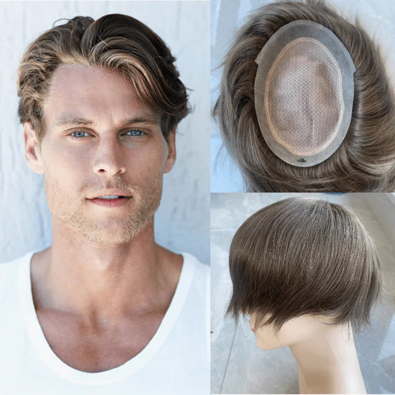 Clearance Australia-Double Layers Men Wig Natural Human Hair Toupee Male Hair Prosthesis Lace PU Base Breathable System Man Wig