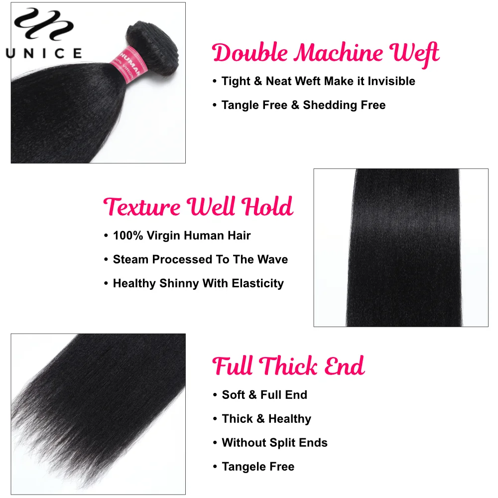 UNICE Hair Yaki Straight Human Hair Bundles With Closure Deal 2/3/4 PCS Bundles Hair And 1PC Free Part 4x4 Inch Lace Closure