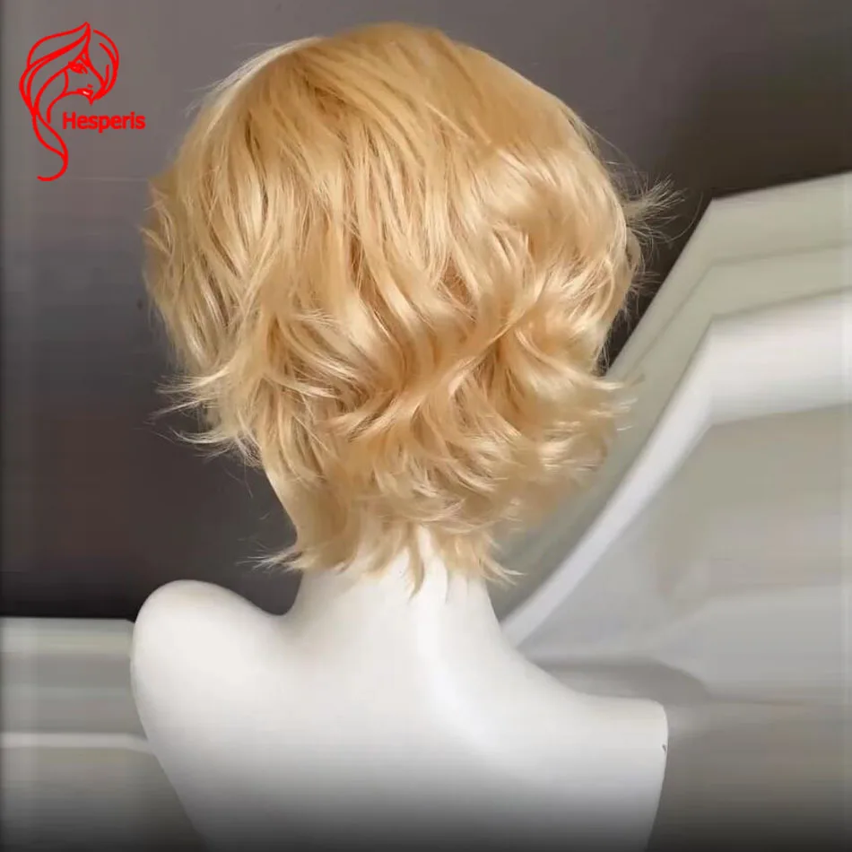 Hesperis #613 Blonde Color Boy Wig Human Hair Brazilian Remy Natural Wavy 13x4 Lace Front Short Cut Wig with Bangs for Men