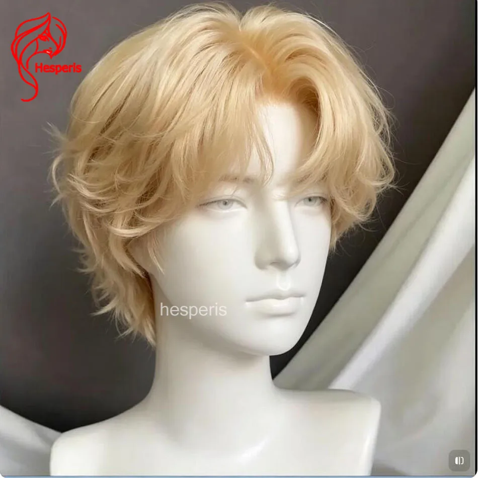 Hesperis #613 Blonde Color Boy Wig Human Hair Brazilian Remy Natural Wavy 13x4 Lace Front Short Cut Wig with Bangs for Men
