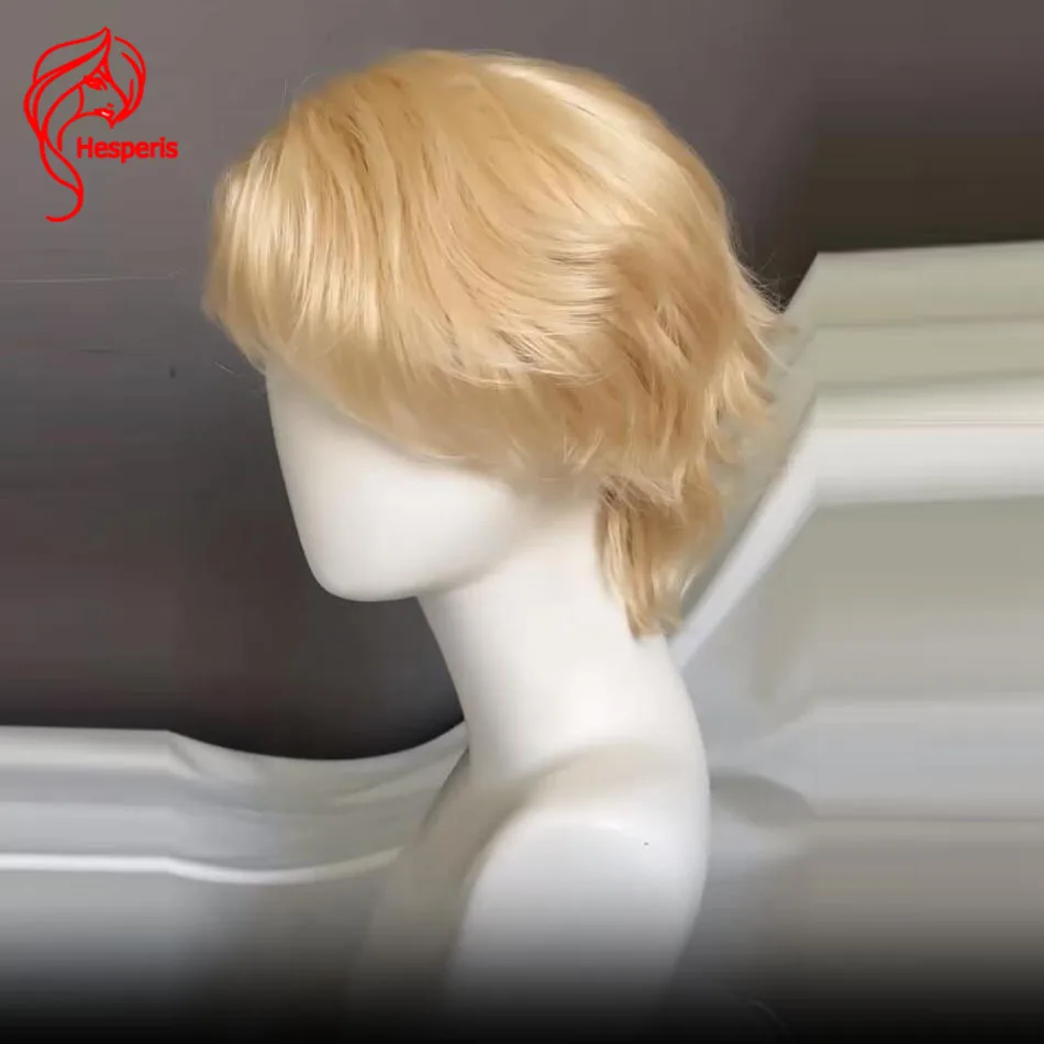 Hesperis #613 Blonde Color Boy Wig Human Hair Brazilian Remy Natural Wavy 13x4 Lace Front Short Cut Wig with Bangs for Men