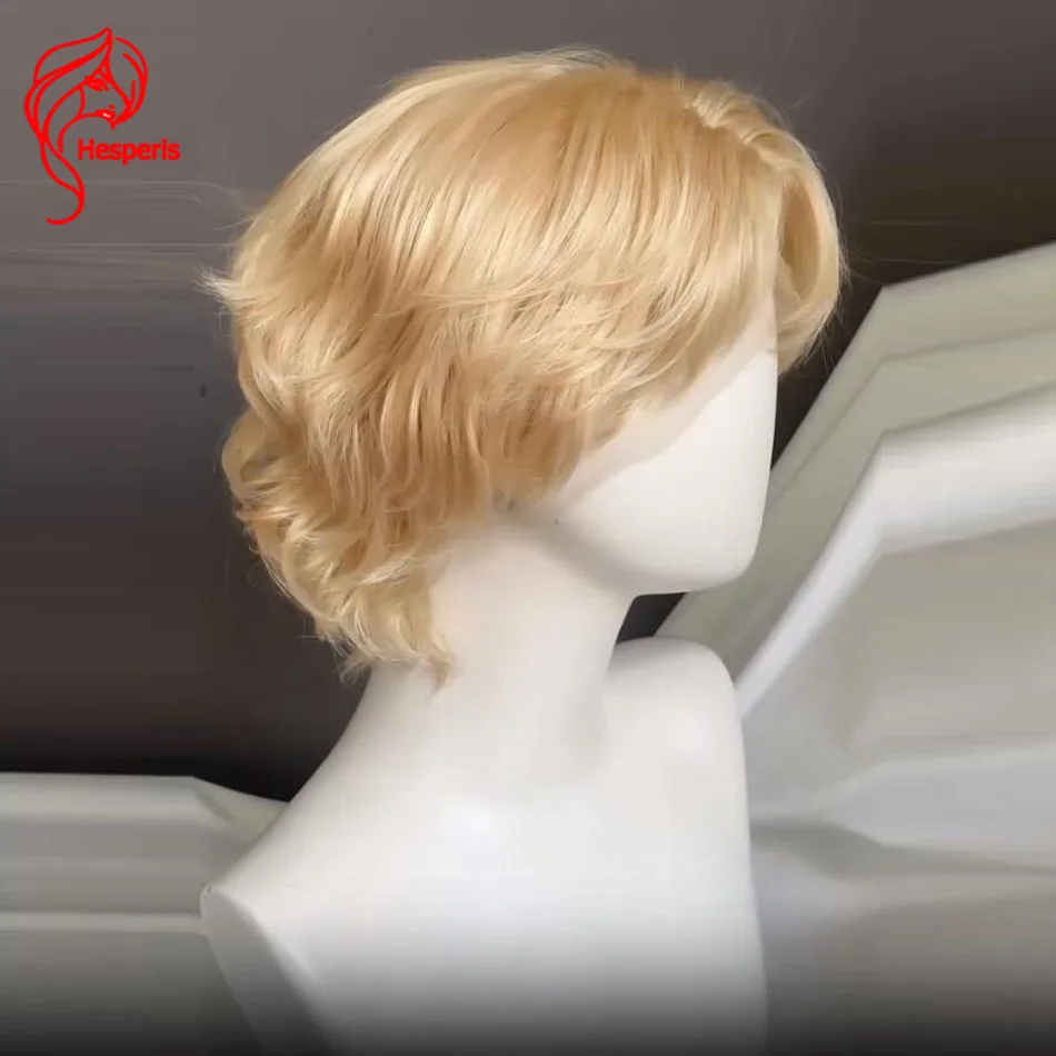 Hesperis #613 Blonde Color Boy Wig Human Hair Brazilian Remy Natural Wavy 13x4 Lace Front Short Cut Wig with Bangs for Men