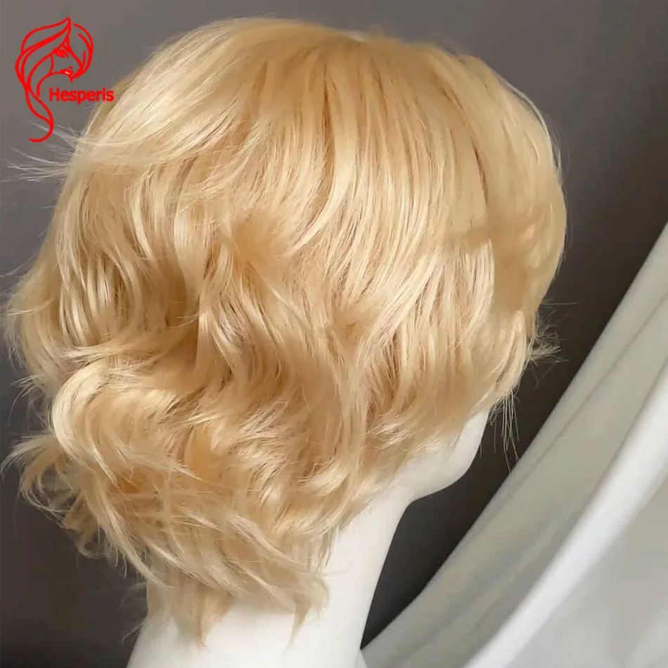 Hesperis #613 Blonde Color Boy Wig Human Hair Brazilian Remy Natural Wavy 13x4 Lace Front Short Cut Wig with Bangs for Men