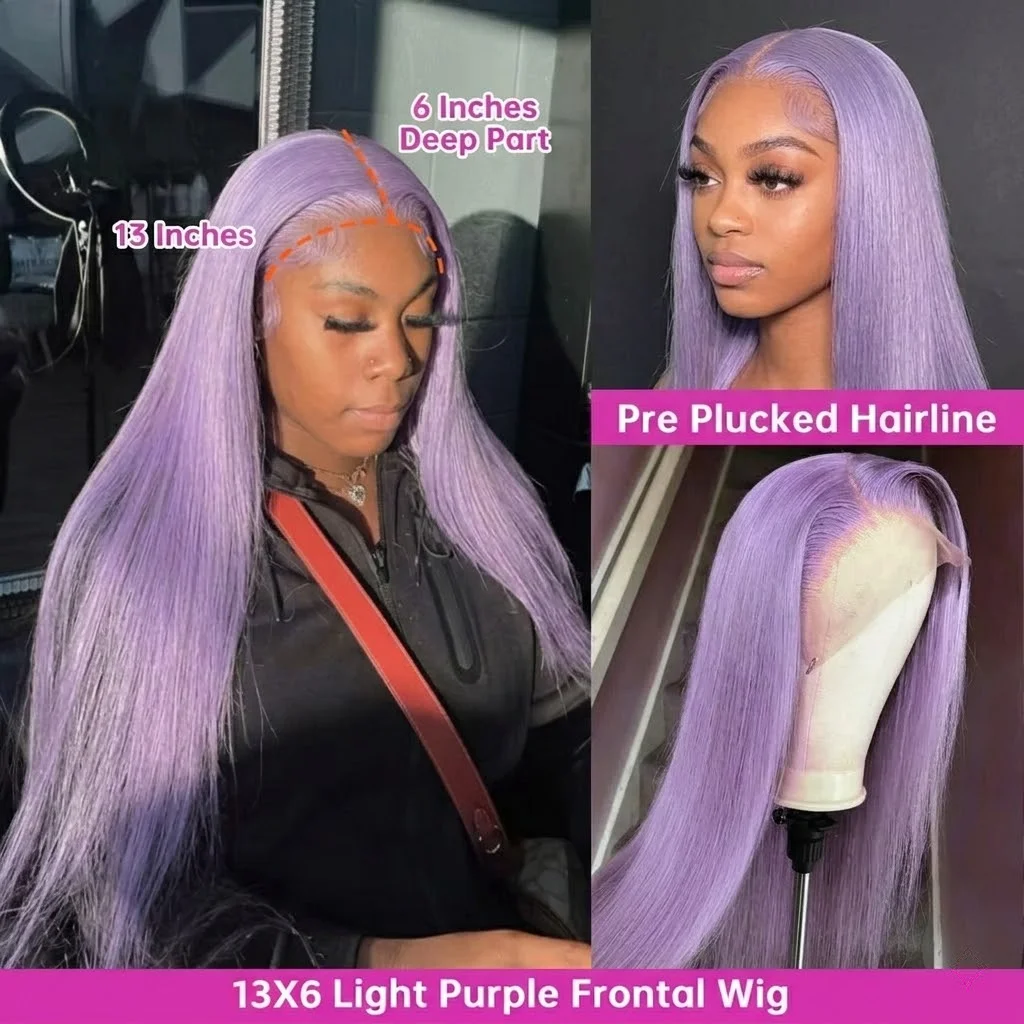 Light Purple Lace Frontal Wig 13x6 Purple Lace Front Human Hair Wig Brazilian Pre Plucked Long Straight Lavender Color Lace Wigs