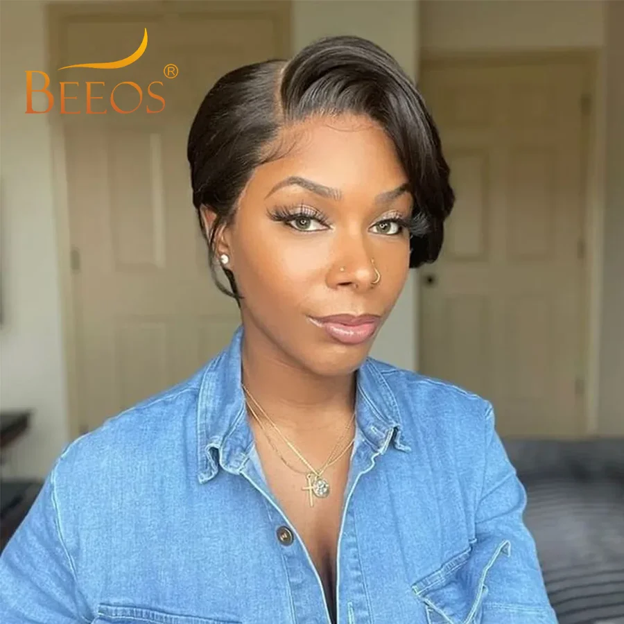 BEEOS Skinlike 13x4 HD Lace Front Human Hair Wigs Pre Plucked Short Pixie Cut Wig Brazilian Hair Wigs For Women Melting Skins
