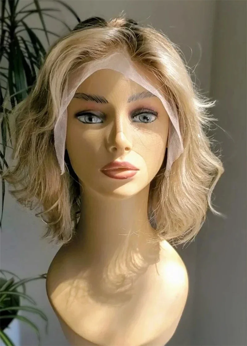 13x4 Lace Front Wig Short Wavy Bob Wig for Women Blonde Highlights Glueless HD Lace Wig Pre Plucked Middle Part Syntheic Hair