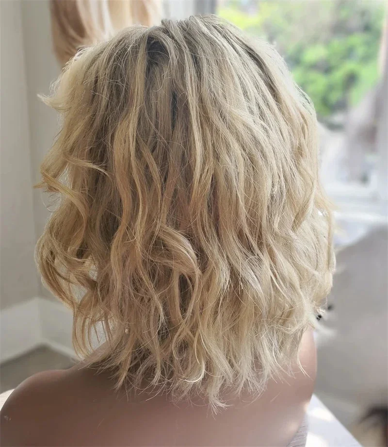 13x4 Lace Front Wig Short Wavy Bob Wig for Women Blonde Highlights Glueless HD Lace Wig Pre Plucked Middle Part Syntheic Hair