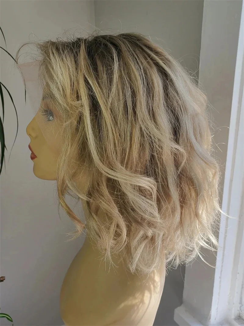 13x4 Lace Front Wig Short Wavy Bob Wig for Women Blonde Highlights Glueless HD Lace Wig Pre Plucked Middle Part Syntheic Hair