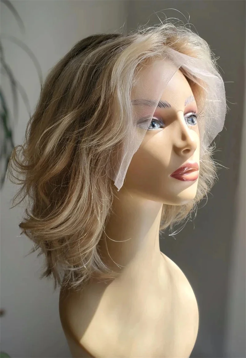 13x4 Lace Front Wig Short Wavy Bob Wig for Women Blonde Highlights Glueless HD Lace Wig Pre Plucked Middle Part Syntheic Hair