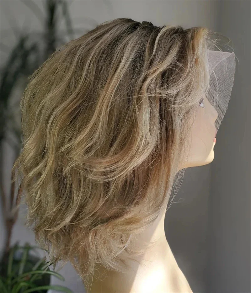 13x4 Lace Front Wig Short Wavy Bob Wig for Women Blonde Highlights Glueless HD Lace Wig Pre Plucked Middle Part Syntheic Hair