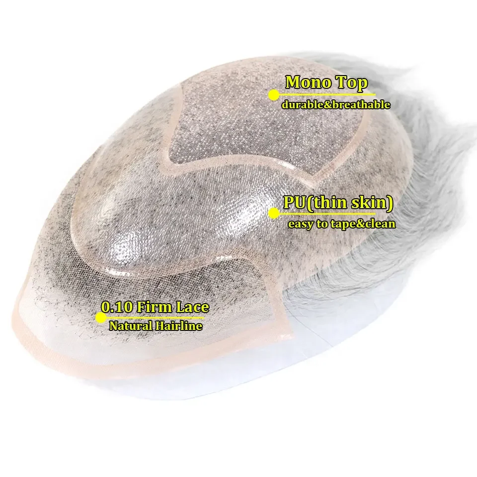 #1B80 Grey Men Toupee Human Hair Piece Natural Hairline Lace&Mono&PU Breathable Lace Front Male Wig Men's Replacement Prosthesis
