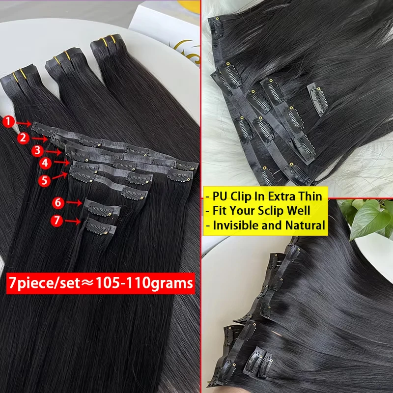 Invisible Seamless Clip Ins Bone Straight Human Hair Unprocessed Raw Hair PU Weft Extensions Full Head 7Pcs/Set Clip on Hair