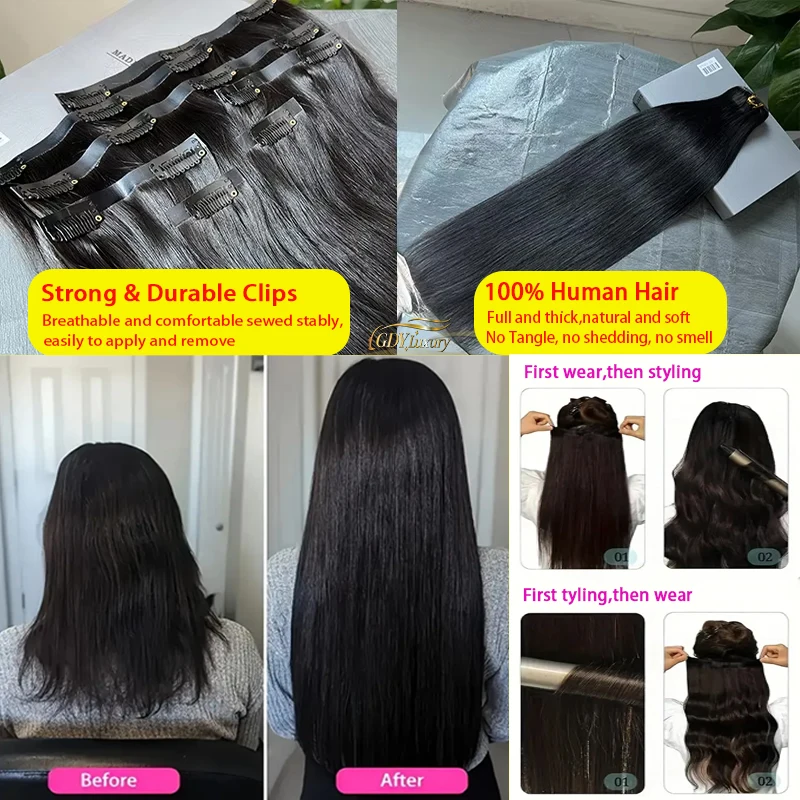 Invisible Seamless Clip Ins Bone Straight Human Hair Unprocessed Raw Hair PU Weft Extensions Full Head 7Pcs/Set Clip on Hair