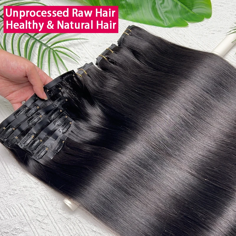 Invisible Seamless Clip Ins Bone Straight Human Hair Unprocessed Raw Hair PU Weft Extensions Full Head 7Pcs/Set Clip on Hair