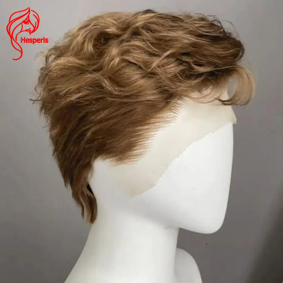Hesperis Brown Wavy Lace Front Human Hair Men's Wig Brazilian Remy Pixie Short Cut Male Wigs Pre Pulcked Boy Human Hair Wigs