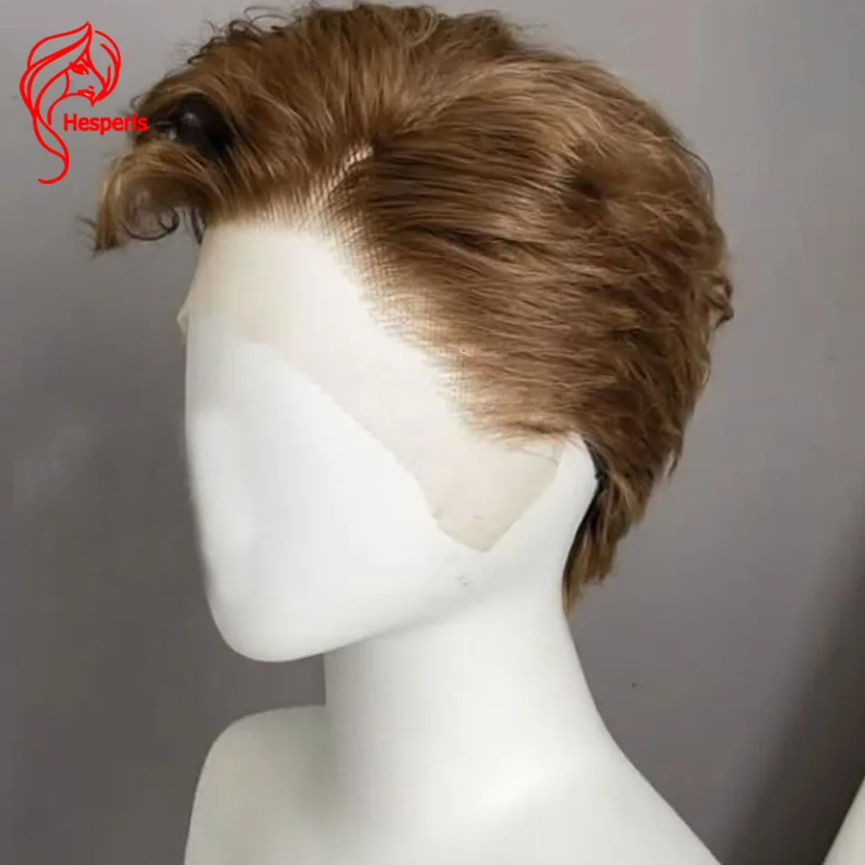 Hesperis Brown Wavy Lace Front Human Hair Men's Wig Brazilian Remy Pixie Short Cut Male Wigs Pre Pulcked Boy Human Hair Wigs