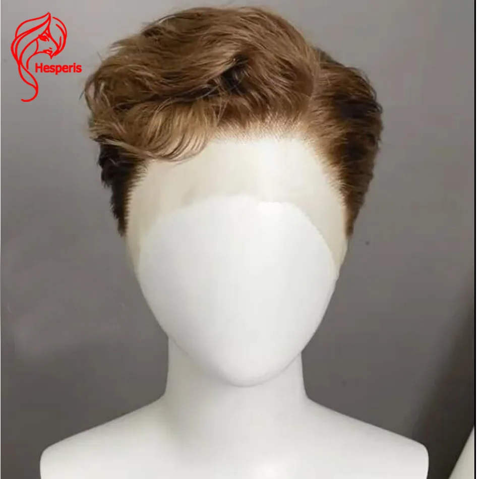 Hesperis Brown Wavy Lace Front Human Hair Men's Wig Brazilian Remy Pixie Short Cut Male Wigs Pre Pulcked Boy Human Hair Wigs
