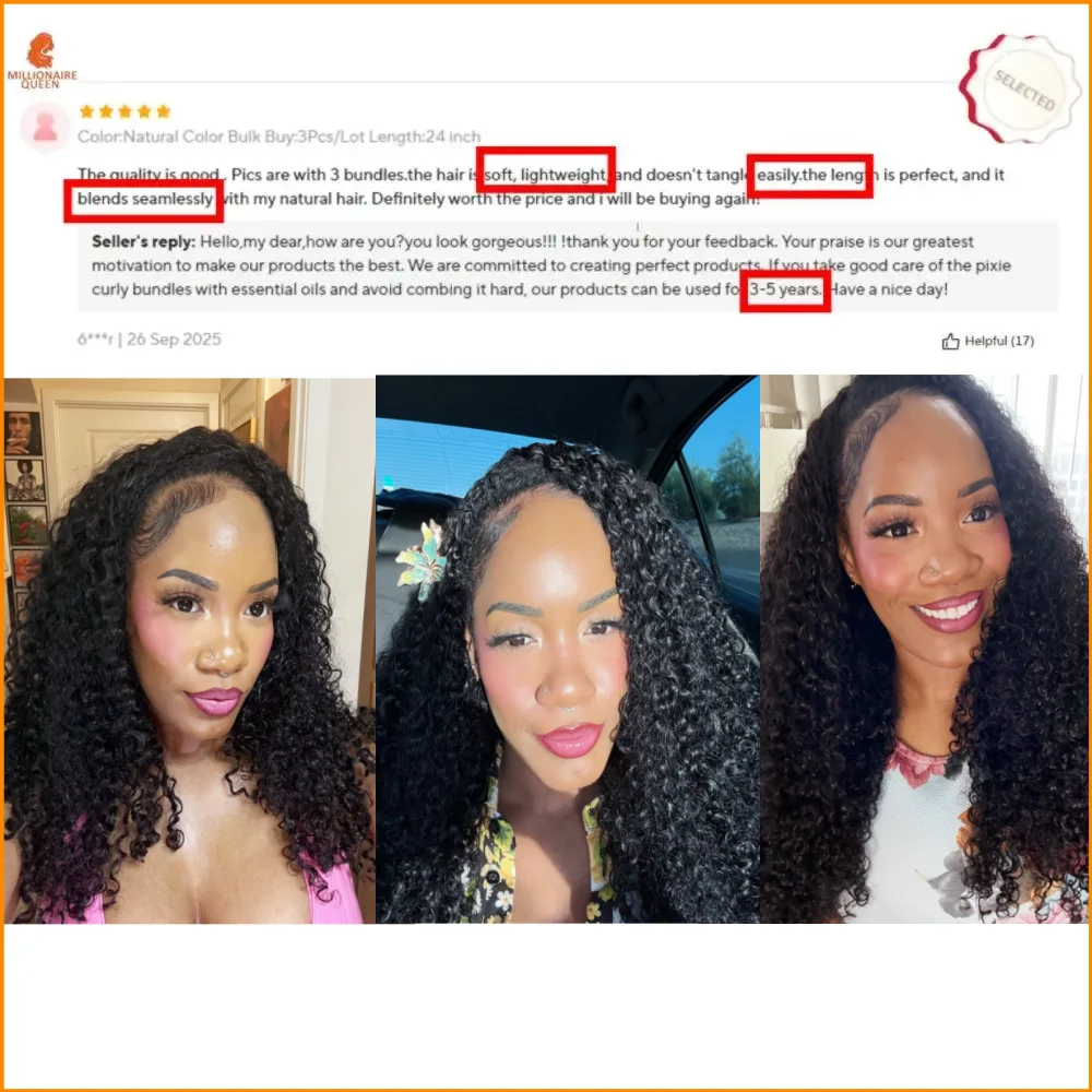 Double Drawn Millionaire Queen Back To School 3B3C Pixie Curly Bundles Double Weft Sew In Quick Weave 100% Human Hair Extension