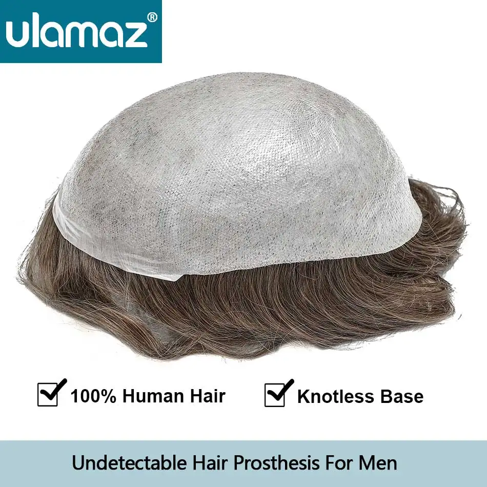 Undetectable Male Hair Prosthesis 0.02-0.03mm Ultra Thin Skin Toupee Human Hair Men's Wig 80% Density Realistic Man Hair System