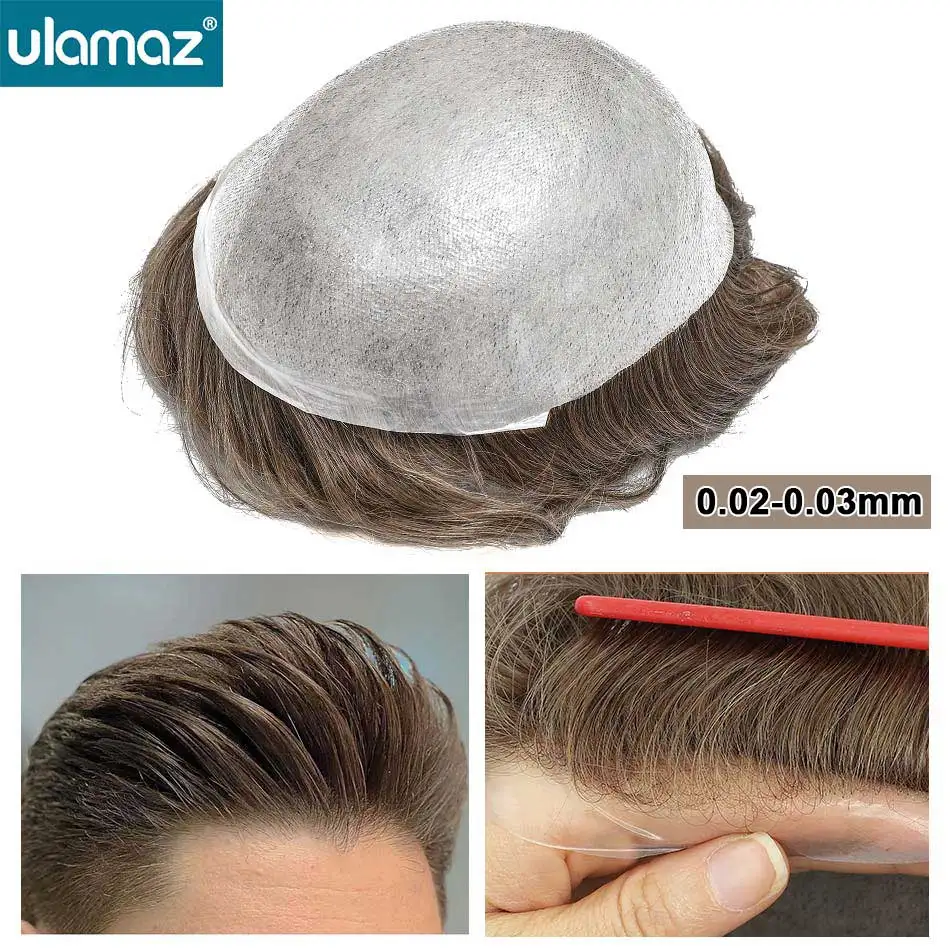 Undetectable Male Hair Prosthesis 0.02-0.03mm Ultra Thin Skin Toupee Human Hair Men's Wig 80% Density Realistic Man Hair System