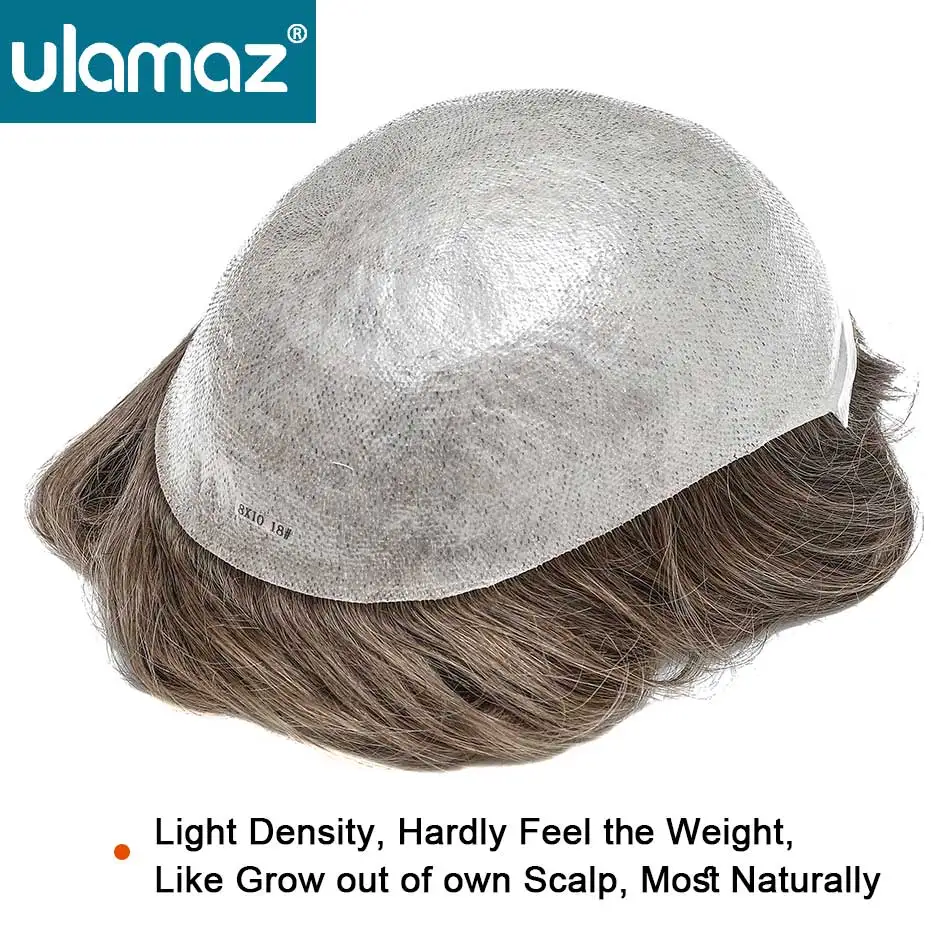 Undetectable Male Hair Prosthesis 0.02-0.03mm Ultra Thin Skin Toupee Human Hair Men's Wig 80% Density Realistic Man Hair System